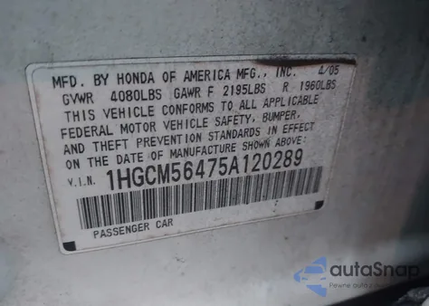 2005 Honda Accord 2.4 Lx from USA, damaged, VIN 1HGCM56475A120289